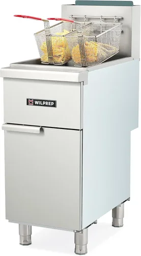 WILPREP Freidora comercial de suelo de gas, freidora comercial de 3 quemadores con 2 cestas 90000 BTU 40 lb. Capacidad 400 °F Temperatura constante,
