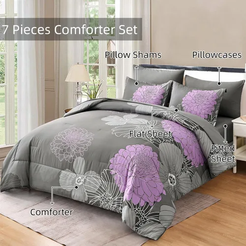 Vista 58 de Yiran - Juego de 7 piezas de edredón floral azul, juego de cama en una bolsa, tamaño Queen, juego de edredón de microfibra suave
