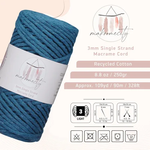 Vista 39 de Makromecity, Cordón de macramé de un solo hilo de 3 mm x 100 yardas (300 pies) de 3 mm de cordón de algodón azul bebé para arte y manualidades