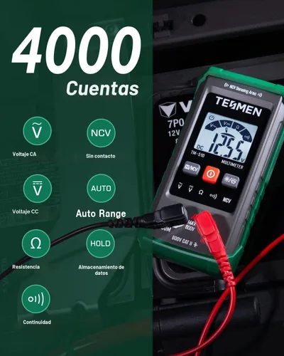 Vista 2 de Multímetro digital TM-510, 4000 cuentas, medición inteligente, voltímetro de rango automático; probador de voltaje con función de voltaje sin