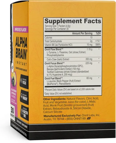 Vista 5 de ONNIT Alpha Brain - Mezcla de bebida instantánea de apoyo cognitivo, sabor a limonada de mora, suplemento nootrópico para concentración, memoria
