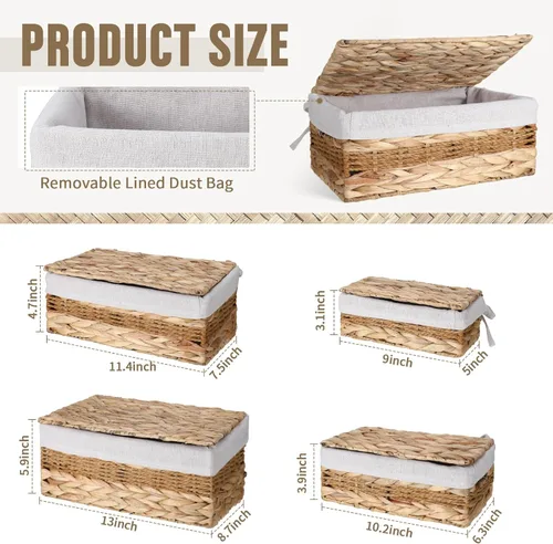 Vista 2 de Soaoo Juego de 4 cestas de almacenamiento de jacinto de agua con tapa, organizador rectangular de despensa con forro tejido natural, organizador