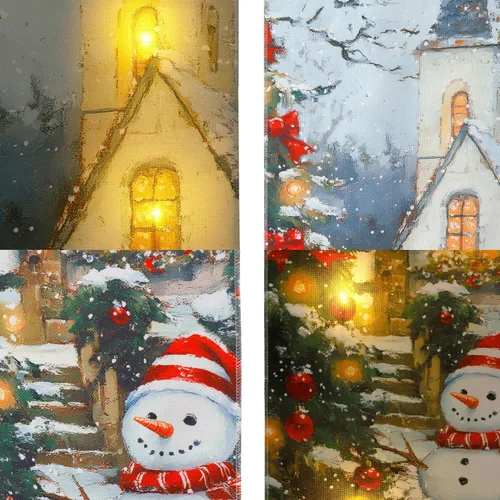Vista 9 de SOFFEE DESIGN Lienzo de Navidad LED de 16 x 47 pulgadas, arte para pared, iglesia con muñeco de nieve, 5 luces integradas, escena navideña, efecto