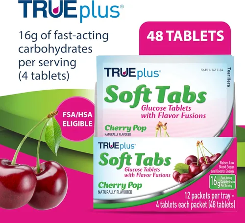 Vista 2 de TRUEplus Soft Tabs - Tabletas de glucosa, masticables, sabor Cherry Pop, 0.64 onzas de carbohidratos de acción rápida, sin grasa, sin gluten