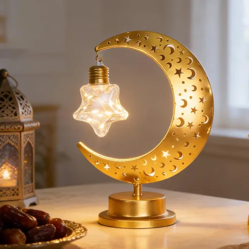 Vista 7 de Decoración de Ramadán, luces de Ramadán de luna y estrella para mesa, decoraciones de Ramadán para el hogar, interior y exterior, lámpara de luna