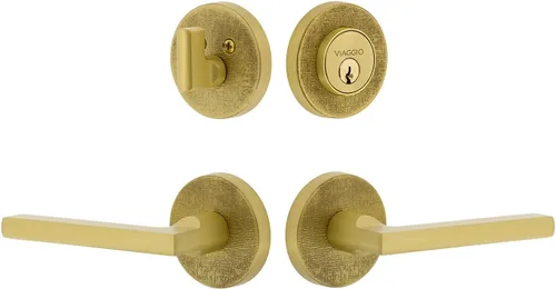 Viaggio Circolo Linen Rosette 2-3/4" Backset with Milano Lever and Matching Deadbolt in Satin Brass