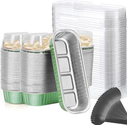 Vista 11 de Findful Mini Moldes para Hornear Pan con Tapas y Cucharas (Paquete de 50, 6.8oz) Moldes Rectangulares de Papel de Aluminio para Hornear Recipientes