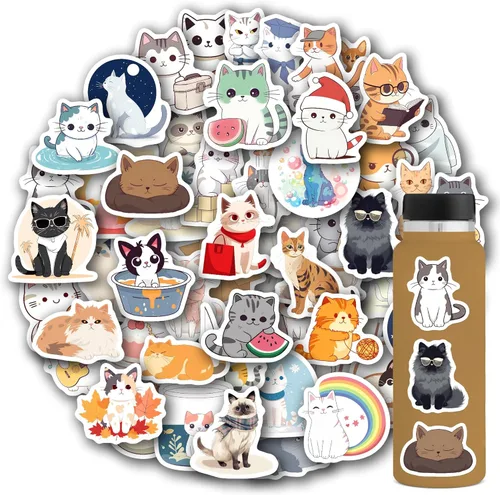 102 calcomanías de gato, lindas calcomanías de animales para niños, vinilo de dibujos animados, impermeable, divertidos gatos para botella de agua y