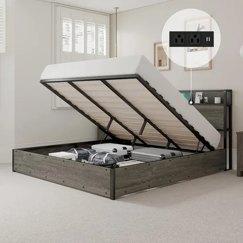 Vista 12 de LUXOAK Cama de Almacenamiento Elevable Tamaño Full, Marco de Cama Plataforma de Madera con Cabecera de Almacenamiento y Estación de Carga, No Negro