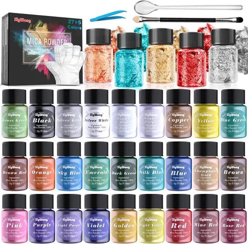 Mica Powder - 32 Pearlescent Epoxy Resin Color Pigments Set- Natural Cosmetic Grade Pigment for Soap Dye, Lip Gloss, Nail Polish, Makeup, Epoxy