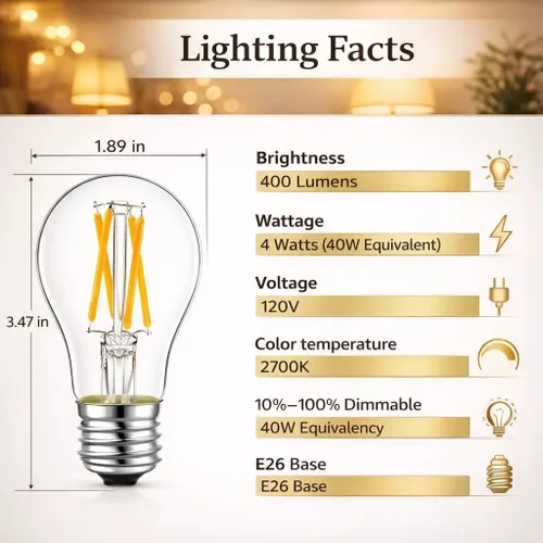 Vista 2 de Bombilla LED A15 de 4 W (equivalente a 40 W), 2700 K blanco cálido, filamento Edison regulable, 400 lúmenes, base media E26, vidrio transparente