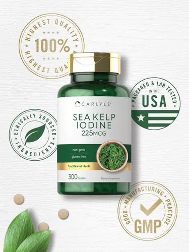 Vista 8 de Carlyle - Suplemento de yodo de alga marina 225 mcg 300 tabletas Sin GMO, sin gluten Suplemento de hierbas tradicionales