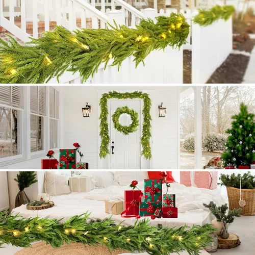 Vista 6 de Guirnalda de Navidad de 12 pies (2 * 6 pies) con luces LED - Guirnalda artificial de pino de Norfolk, flexible y preiluminada, decoración festiva