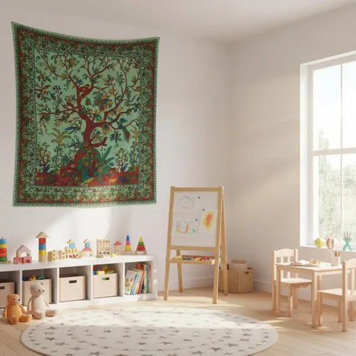 Vista 4 de Craft Trade Tapiz de algodón indio con mandala para colgar en la pared, diseño de árbol de la vida, estético, bohemio, hippie, sala de estar, Verde