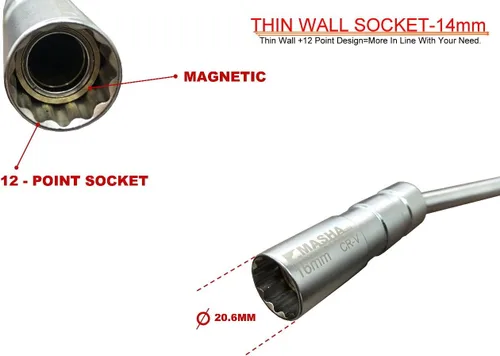 Vista 6 de Magnético giratorio de 0.551 in con enchufe de bujía de pared delgada, controlador de 3/8 pulgadas × longitud total de 12 pulgadas, enchufe de pared
