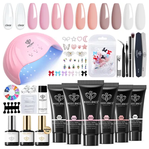 Modelones – Kit de uñas de polygel, geles de construcción de uñas de 6 colores, kit de polygel para hacer extensiones de uñas rosa claro, blanco y