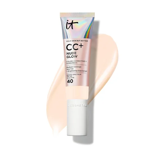 IT Cosmetics CC+ Nude Glow - Base de maquillaje ligera y suero iluminador con FPS 40, cobertura media, formulado con niacinamida y ácido