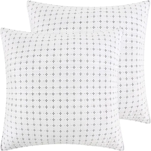 Levtex Home - Colcha Etrada - Juego de 2 fundas de almohada europeas - Punto de cruz - Gris y blanco - Colcha (26 x 26 pulgadas), sin relleno -