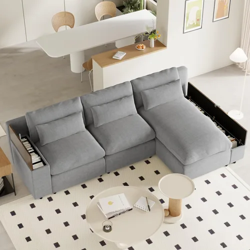Vista 30 de Sofá modular de felpilla con tapicería en forma de L, sofá modular de 4 asientos con otomana extraíble y 5 almohadas para sala de estar, apartamento