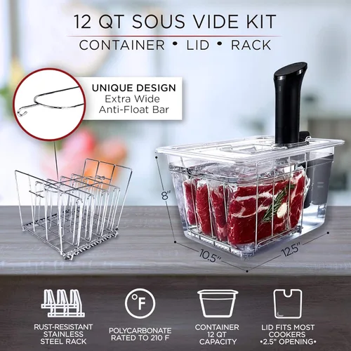 Vista 2 de Väeske Recipiente Sous Vide con tapa, se adapta a la mayoría de cocinas Sous Vide, accesorios Sous Vide (12 cuartos de galón, estante)
