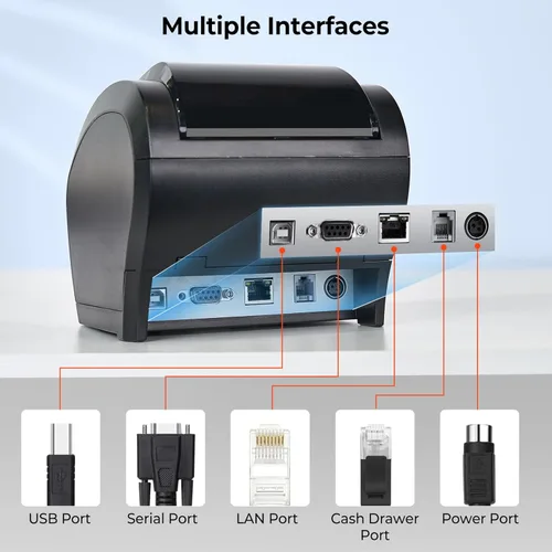 Vista 5 de Impresora de recibos térmica Bluetooth MUNBYN P047, impresora POS de 80mm, impresora térmica con USB, Serial, Ethernet, Bluetooth, compatible