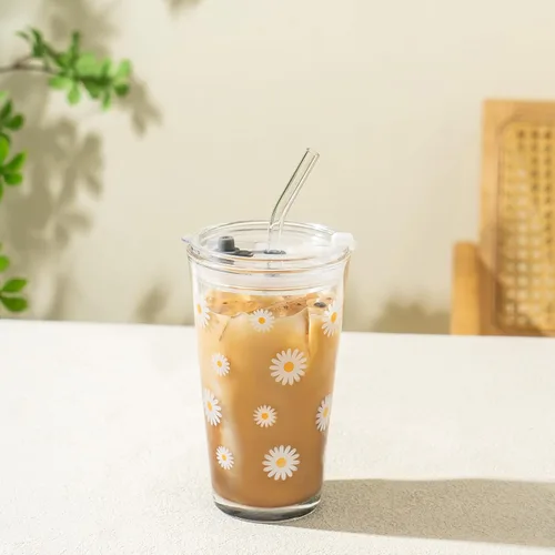 Vista 13 de Olvini Vaso de vidrio de 13 onzas con popote y tapa, vaso reutilizable para café helado, bonitas tazas de vidrio para agua, matcha, tazas de café