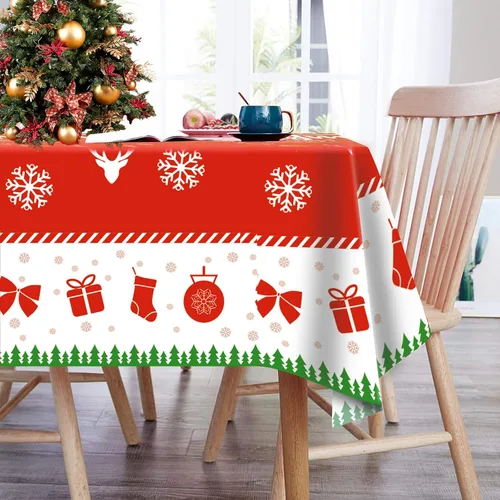 Vista 5 de Paquete de 3 manteles de Navidad, manteles de Navidad desechables de plástico rectangulares de 54 x 108 pulgadas, árbol de Navidad, copo de nieve