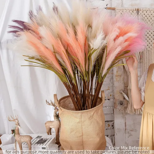 Vista 5 de Hierba artificial de las pampas, 6 piezas de 39 pulgadas de largo de tallo común, fragmitas de caña común, decoración bohemia de habitación (naranja)