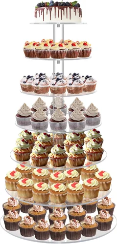 Vista 9 de YestBuy Soporte redondo de acrílico para cupcakes de 4 niveles con base, soporte para cupcakes de alta calidad, torre de acrílico para cupcakes