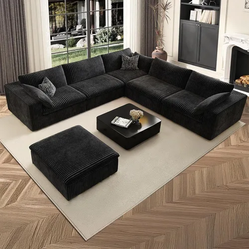 118" Cloud Couch Oversized Modular Sectional Sofa, Boneless L-Shaped 6 Seater Deep Seat Couch with Ottoman, Soft Corduroy Upholstery, DIY Negro