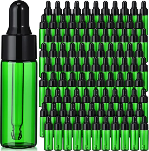 Vista 9 de Bokon 100 piezas de botellas de vidrio con cuentagotas, mini botellas cuentagotas de aceite esencial, frascos de muestra vacíos con tapa negra