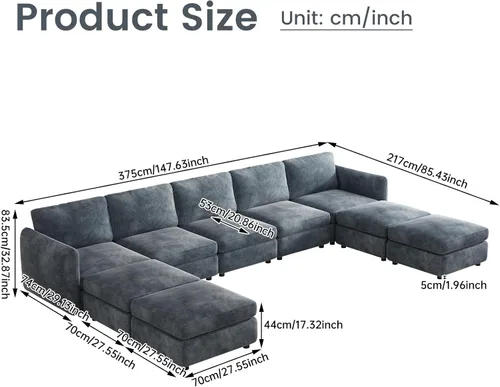 Vista 109 de Guyii Sofá modular de terciopelo, moderno sofá de 4 plazas de gran tamaño con 3 almohadas y reposapiés de almacenamiento, sofá convertible de 115.74