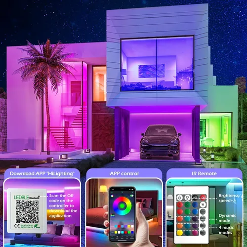 Vista 3 de Tira de luces LED inteligentes, con sincronización de música, 5050 RGB, luces que cambian de color, aplicación Bluetooth, control remoto por
