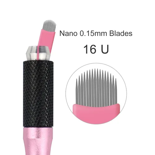 Vista 2 de 50 cuchillas de microblading desechables rosadas, microcuchillas de 0.006 in, nanoagujas perfectas para trazos de cabello, cejas, agujas más finas