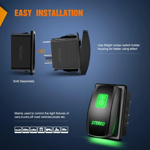 Vista 8 de Nilight Interruptor basculante estéreo, barra de luz LED, 5 pines, láser, encendido y apagado, interruptores SPST 20A/12V 10A/24V verde con cables