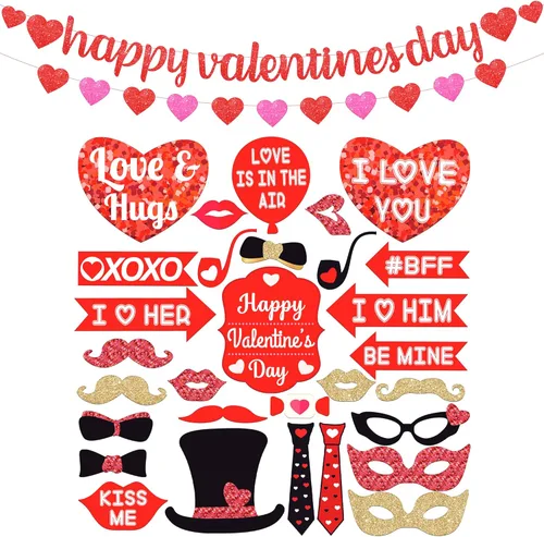KatchOn, Glitter Happy Valentines Day Banner - Large, Pack of 32 | Red Valentine Photo Props | Red Pink Heart Garland for Valentines Day Decoration