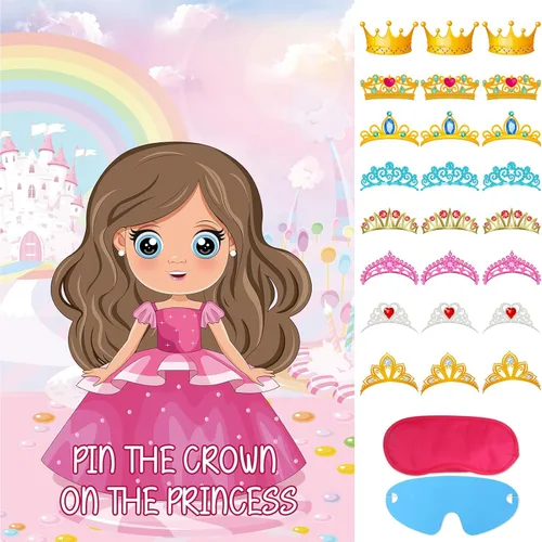 Hxezoc Coloca la Corona en la Princesa Juegos de Fiesta con 24 Piezas de Coronas, Gran Póster de Juegos de Fiesta de Princesa para Niñas,