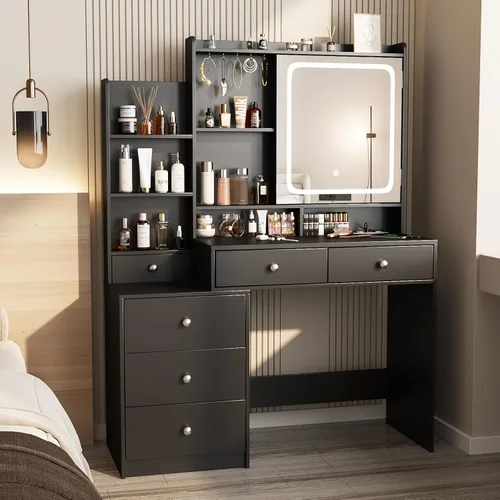 Vista 5 de Vabches Escritorio de tocador con espejo y luces, tocador de maquillaje con 6 cajones y estantes, tocador con toma de corriente, escritorio