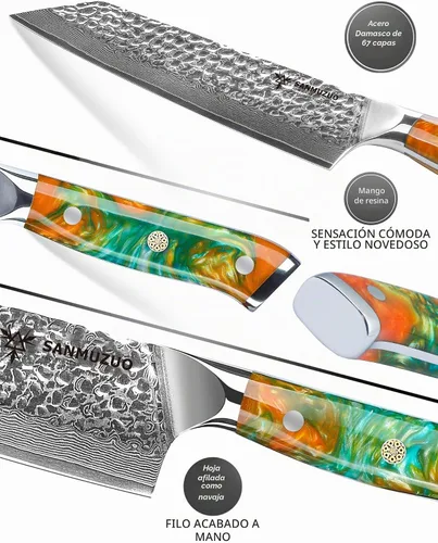 Vista 3 de Cuchillo Kiritsuke de 8.5" - Cuchillo de chef profesional de cocina - Acero damasquino martillado y mango de resina - Serie YAO