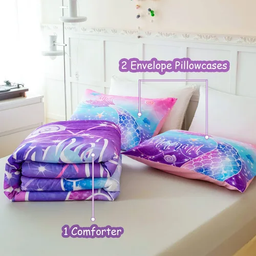 Vista 6 de ZRNBAST Juego de edredón de sirena tamaño Queen para mujeres y niñas, juego de ropa de cama rosa, morado, turquesa, degradado, multicolor, arco