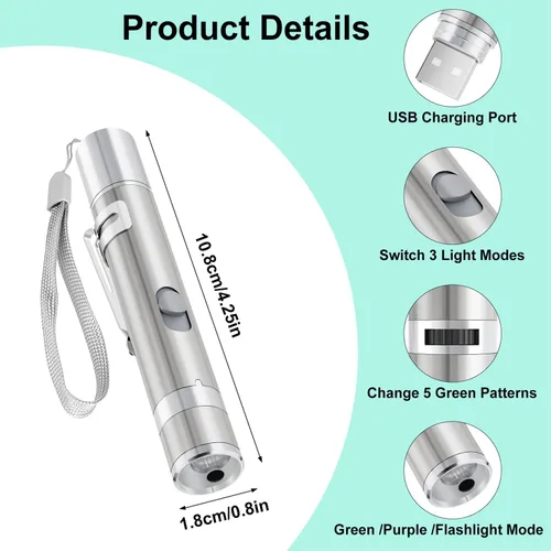 Vista 7 de TBTeek Juguete para gatos, luz verde única, modos 7 en 1, 5 patrones divertidos, carga USB, juguete interactivo para gatito perro ejercicio (1 pieza)