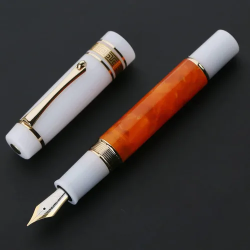 Vista 5 de erofa Majohn M400 - Pluma estilográfica extra fina con convertidor, acrílico naranja y blanco para escribir
