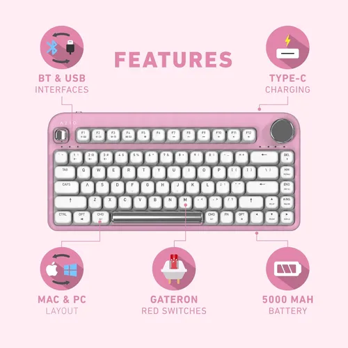 Vista 5 de Azio IZO Teclado mecánico inalámbrico BT5/USB para PC y Mac, interruptores rojos prelubricados, flor de color rosa (IK408)