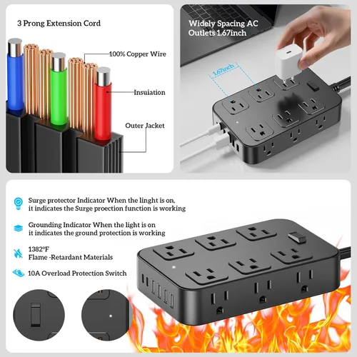 Vista 7 de Tira de alimentación con enchufe plano, protector de sobretensiones, cable de extensión de 5 pies con 12 tomas de corriente alterna, 6 puertos USB