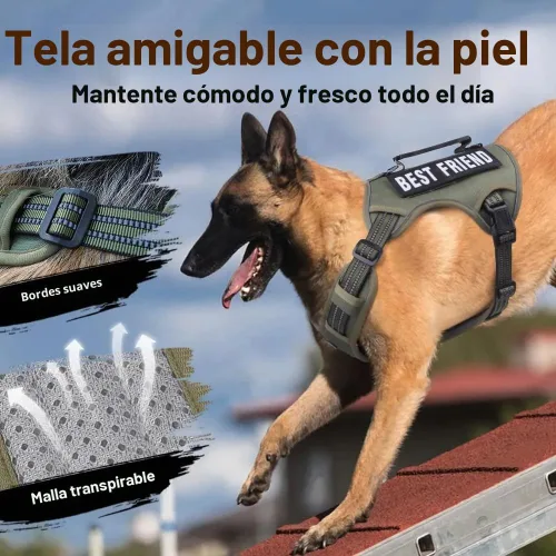 Vista 3 de Arnés táctico para perros grandes con correa, arnés ajustable sin tirones, chaleco de trabajo K9 reflectante para mascotas para caminar Verde militar