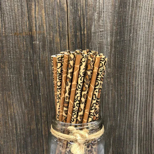Vista 6 de Pajitas de papel con estampado de animales, tema de safari, estampado de leopardo, jirafa, guepardo, negro, marrón, marrón, paquete de 100
