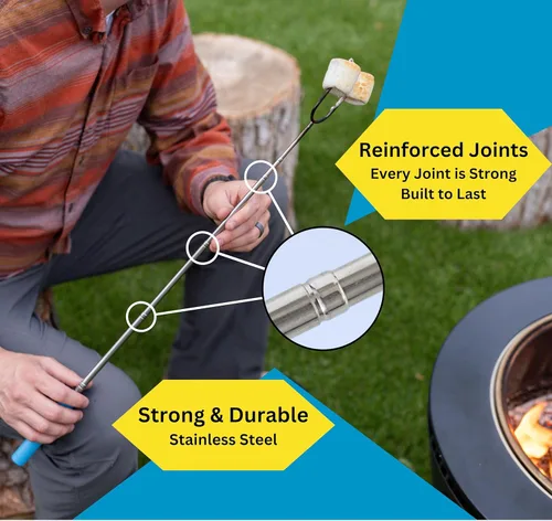 Vista 3 de Smores Sticks para hoguera – Juego de 6 palos extensibles extra fuertes para asar malvaviscos con juntas reforzadas – Palitos giratorios de acero