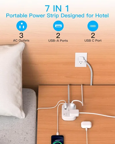 Vista 2 de One Beat Cruise Ship Essentials, regleta de alimentación de viaje con USB C, cable de extensión de enchufe plano con 3 tomas, 4 puertos USB