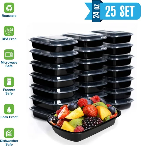 Vista 2 de Contenedor de preparación de comidas reutilizable con tapas [25 juegos] de 24 onzas. Recipientes de preparación de alimentos ideales, caja Bento
