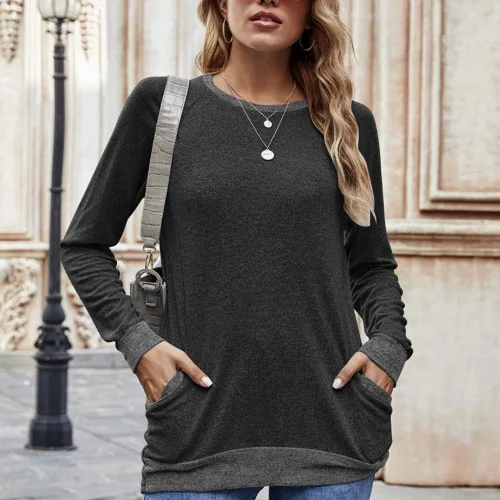 Vista 3 de Sudaderas casuales de manga larga para mujer con cuello redondo, blusas holgadas de gran